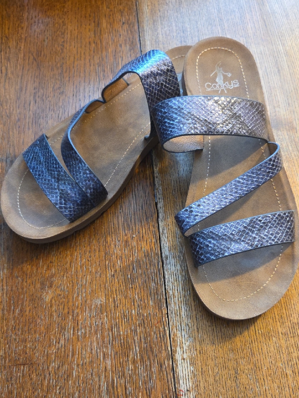 Corkys Blue Snake-Embossed Triple Strap Slide Sandals